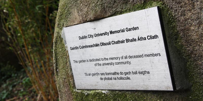 Plaque marking the DCU Memorial Garden