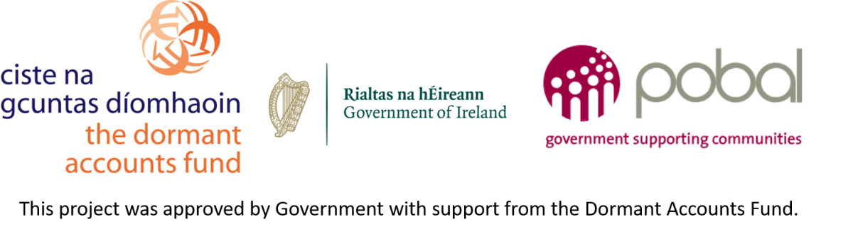 Logos for Dormant Accounts fund, Government of Ireland and Pobal