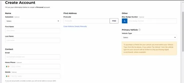 Shows screenshot from parking permit system with Step 3 'create account' option