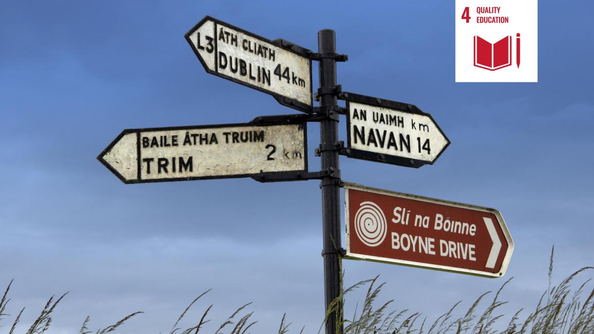 Shows sign posts for Irish towns both in English and Irish