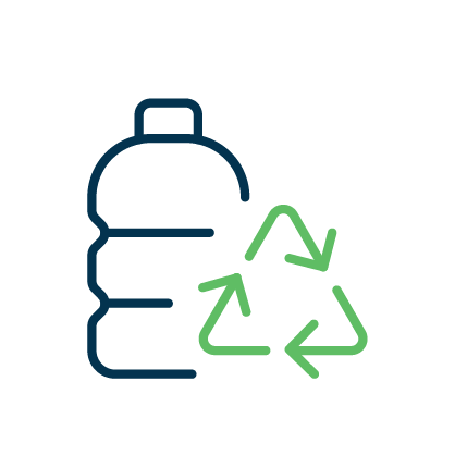 Green and navy icon of bottle and recycling symbol