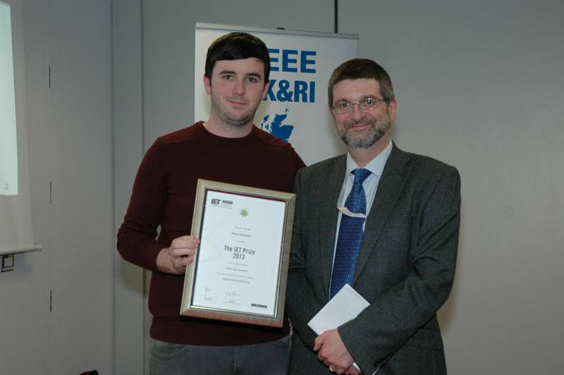Mark Morriston (left) receiving the 2013 IET Prize from Prof Patrick McNally, Head, DCU School of EE. Mark Morriston (left) receiving the 2013 IET Prize from Prof Patrick McNally, Head, DCU School of EE.