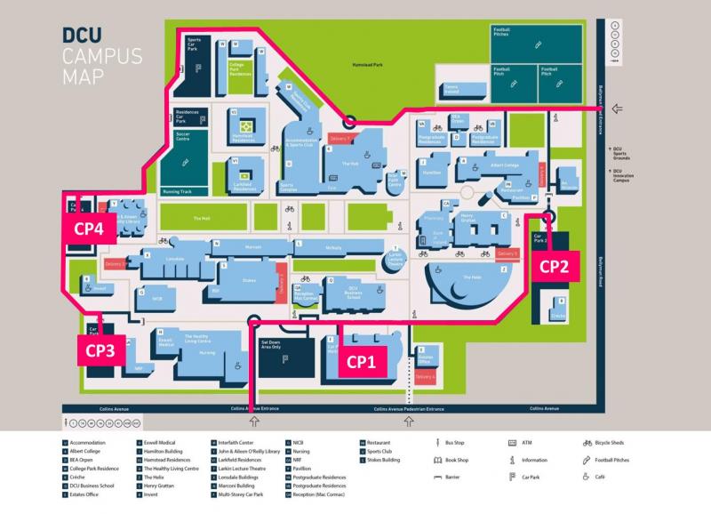 DCU Campus map with marked four parkings.