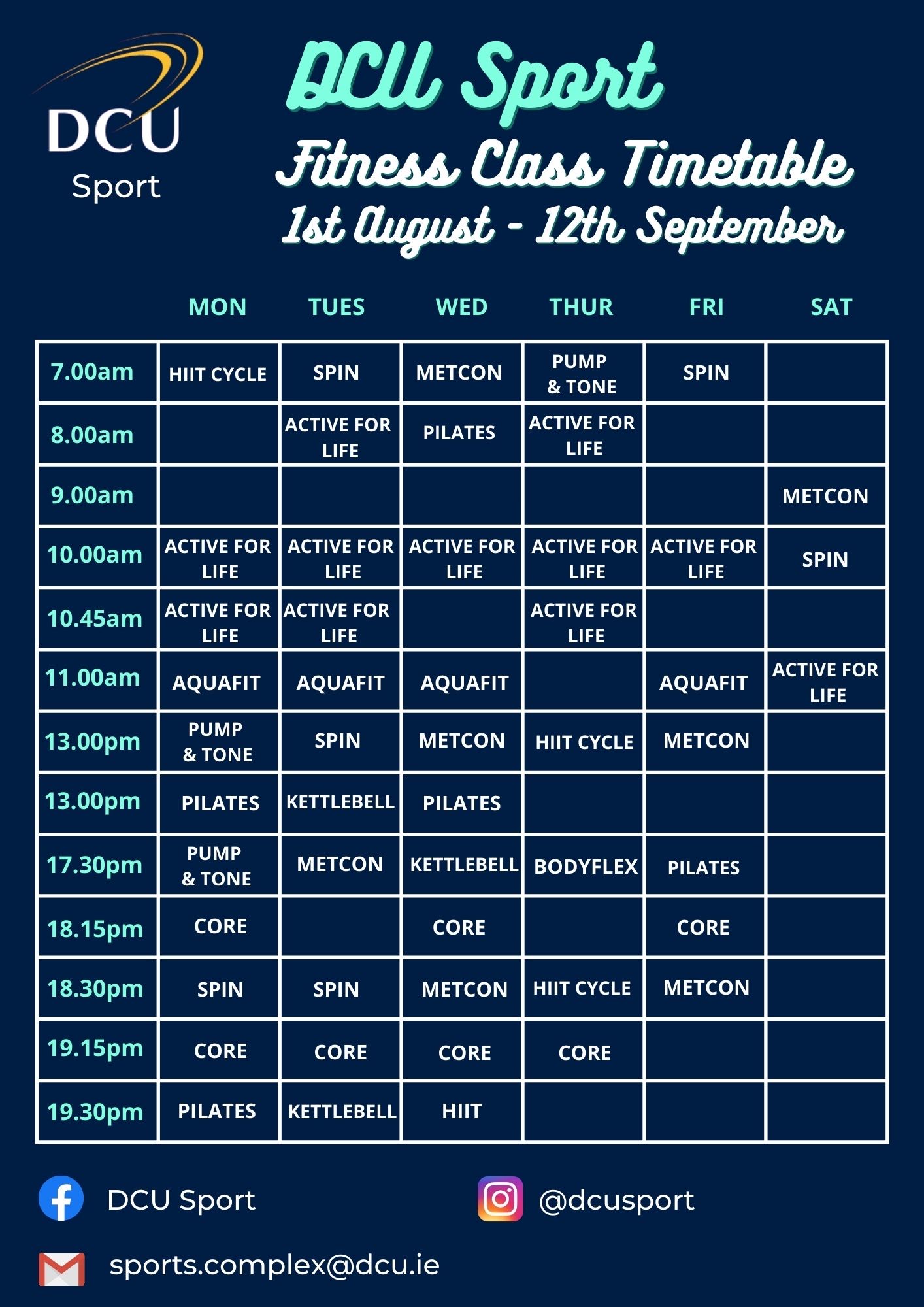 Fitness Class Time Table Sep 2022