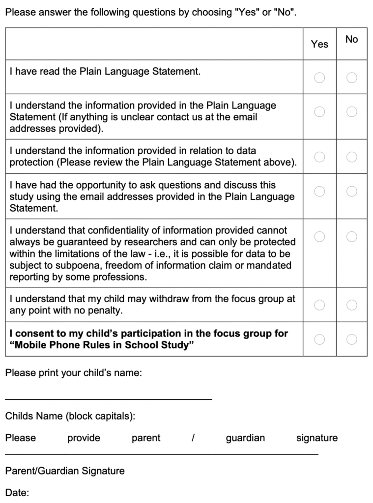 Appendix 1. Parental/Guardian Consent Form