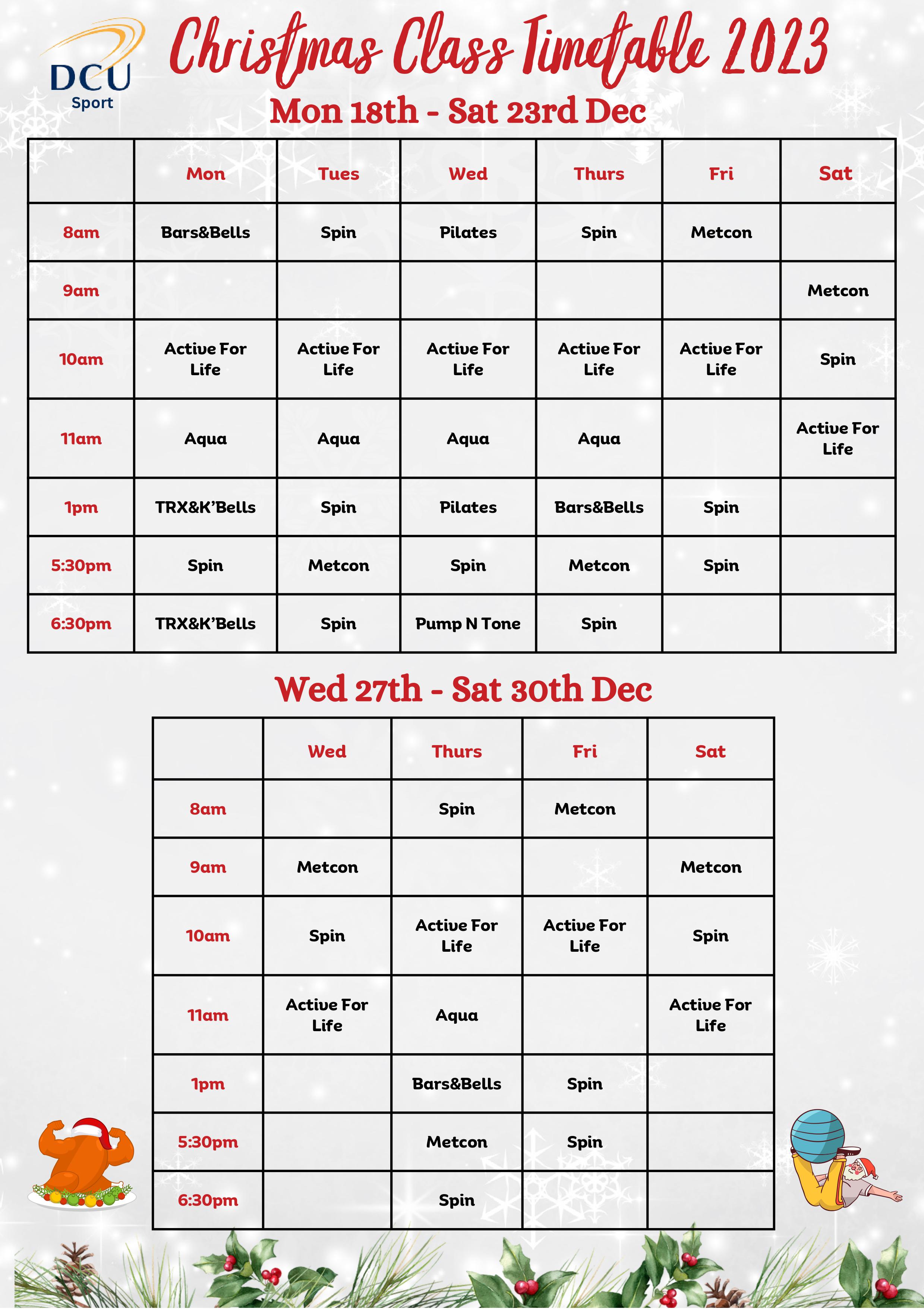 December Fitness Time Table