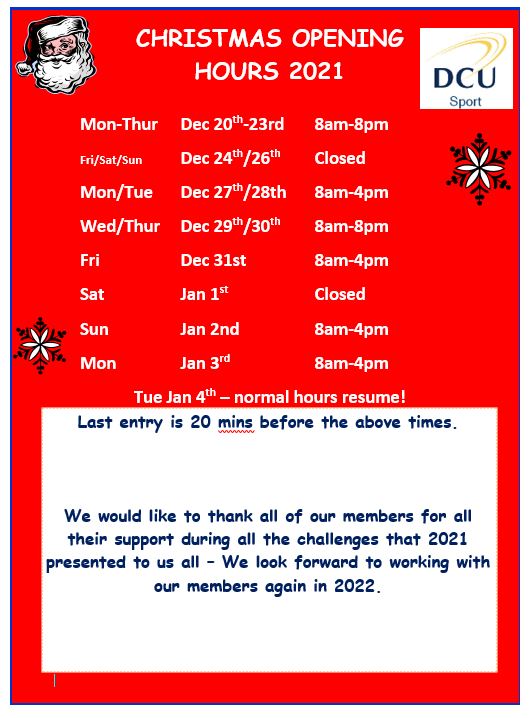 DCU Sport Christmas hours 2021