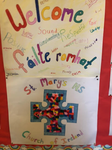 St. Mary's N.S. welcome picture with their values written in