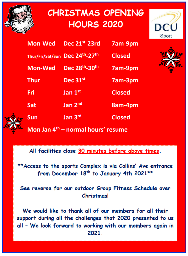 DCU Sport Christmas opening hours
