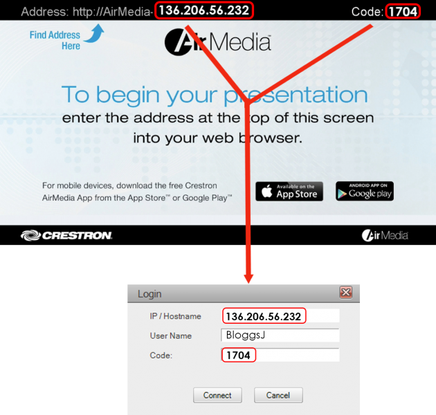 Upon launching the AirMedia Application, you will be prompted to enter the IP address and 4 digit code from the top of the AirMedia home screen Upon launching the AirMedia Application, you will be prompted to enter the IP address and 4 digit code from the top of the AirMedia home screen