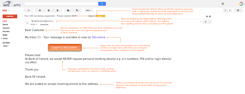An example of a Phishing eMail from a bank to a DCU eMail a/c