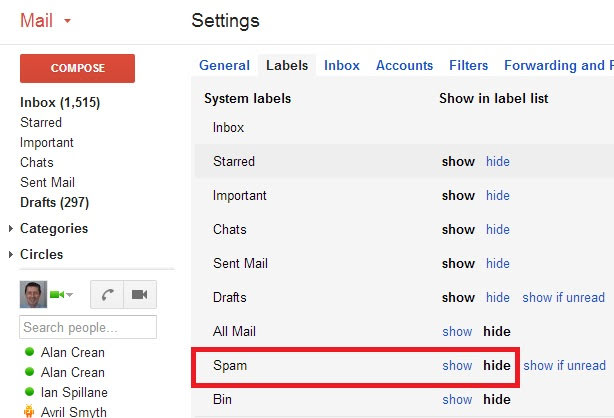 Show spam folder by default