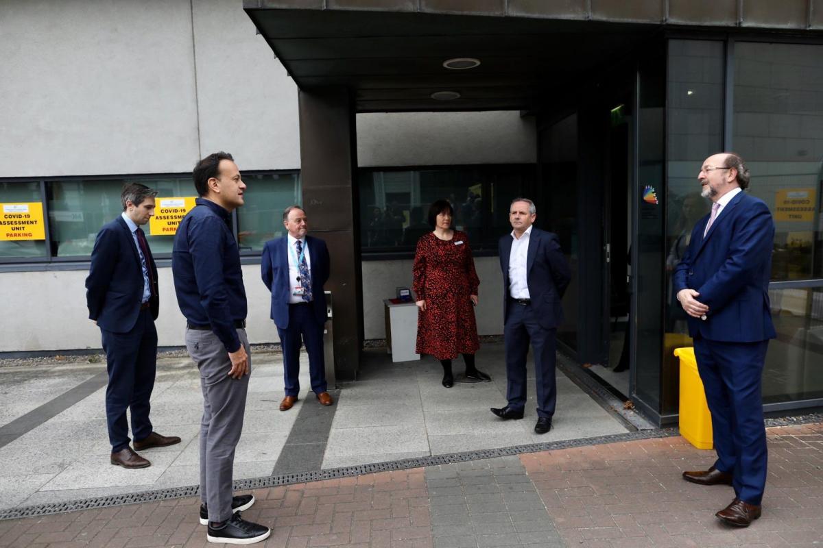 Taoiseach Leo Varadkar, Health Minister Simon Harris, HSE CEO Paul Reid and DCU President Professor Brian MacCraith at the Covid-19 Assessment Centre on DCU campus on Wednesday, April 29th, 2020