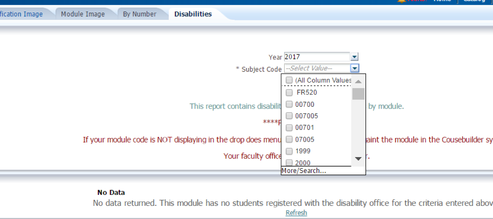 Select the academic year then select your subject code from the drop down list