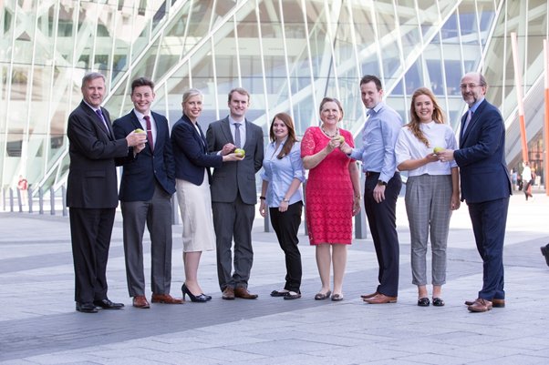 DCU SE3 students James Doyle; Amy Bennett; Clodagh Finnegan; and Tom McMahon and Sean O’Donnell, with Alastair Blaire and Paula Neary Accenture, Brid Hroan 30% Club and DCU President Prof. Brian MacCraith.