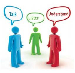 3 figures with speech bubbles- Talk, Listen Understand