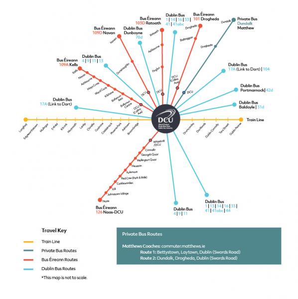 Map showing all public transport routes to the DCU campus.