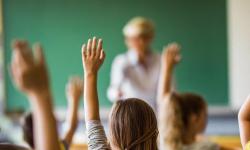 Childrens' raised hands in classroom
