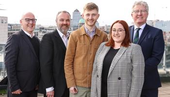 From left: Professor Kevin Rafter, DCU; Cormac Bourke, Mediahuis Ireland Editor-in-Chief; DCU journalism students Liam Coates and Erin Murphy, and President of DCU Professor Daire Keogh. Photo: Gerry Mooney. 