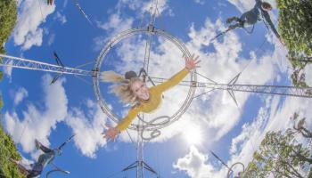 A picture of one of the Fidget Feet performers, taken from the ground level