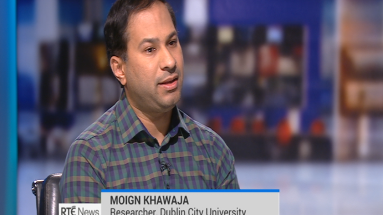 Moign Khawaja interviewed by RTÉ news presenter Caitríona Perry