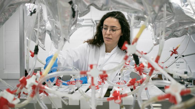 Assist. Prof. Burcu Gunes and the technical setup for harvesting renewable bioenergy