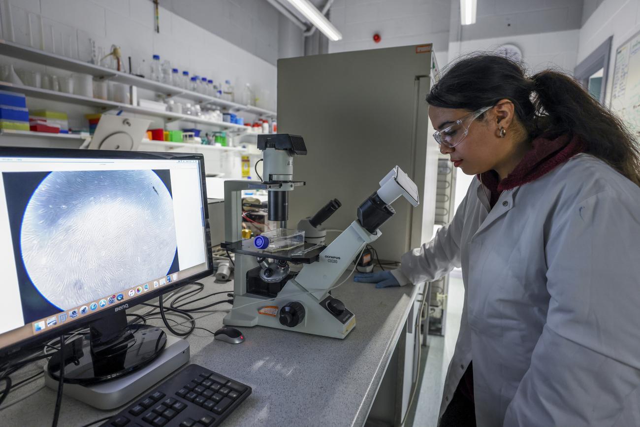 Student in lab coat looking through a microscope