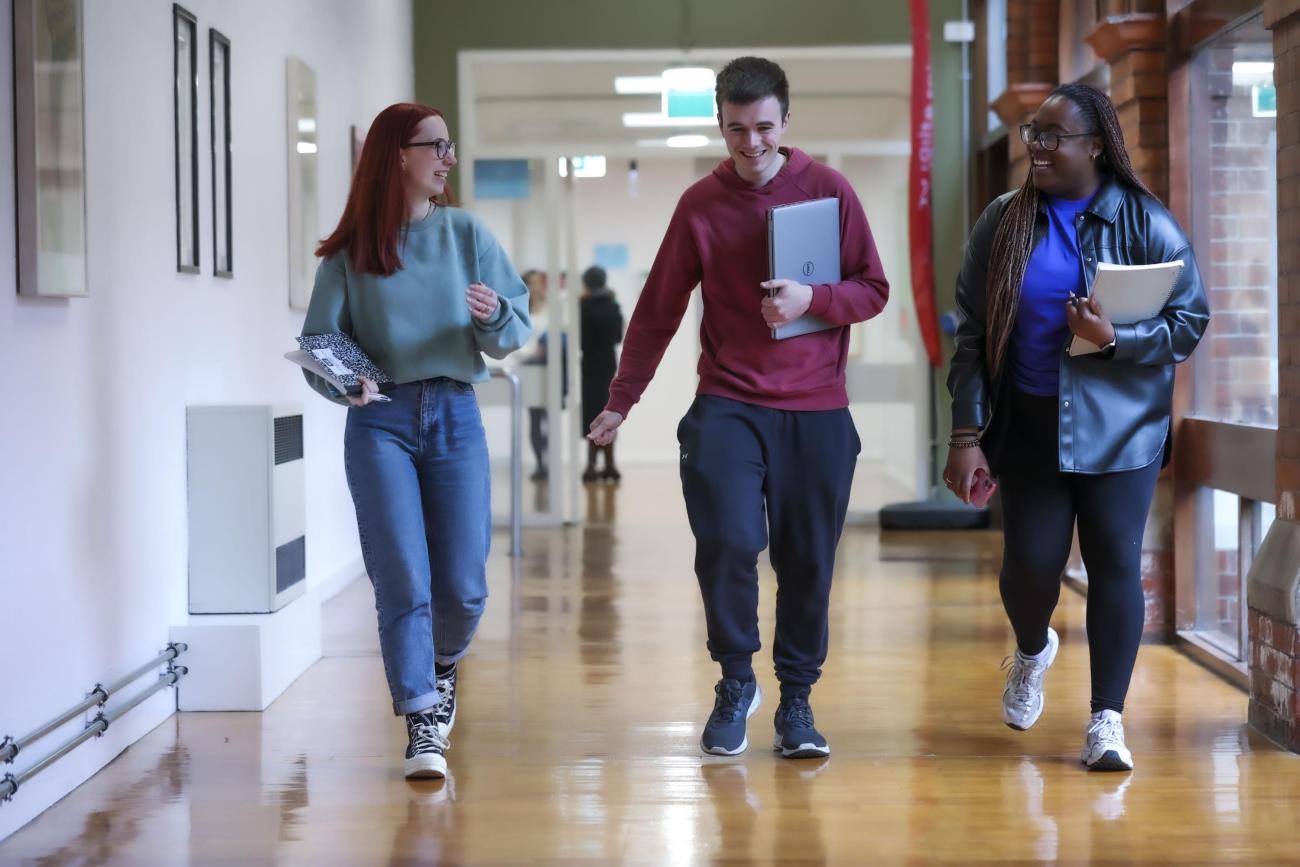 Students walking down a corridor at DCU St. Patrick's Campus