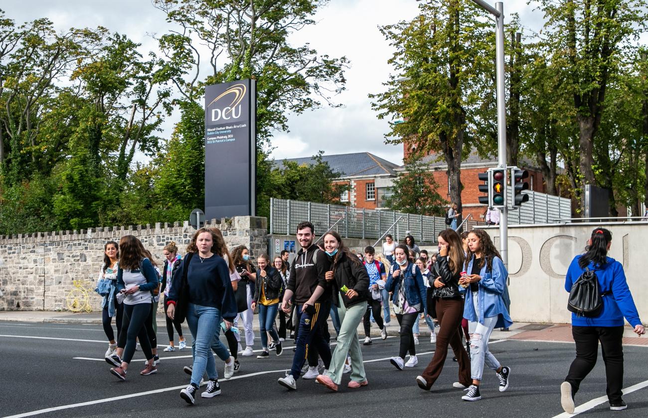 Shows students crossing road outside St Patrick's Campus in Drumcondra