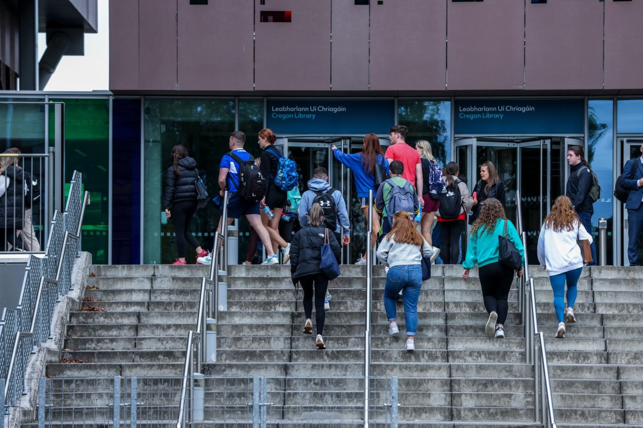 Shows students walking to Cregan Library on DCU St Patrick's Campus in Drumcondra