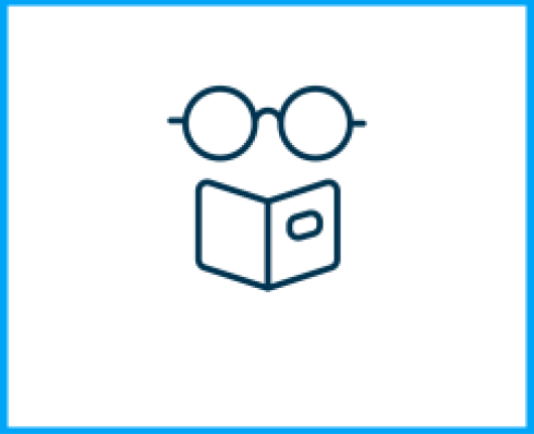 An icon made up of blue lines of a pair of glasses above an open book.