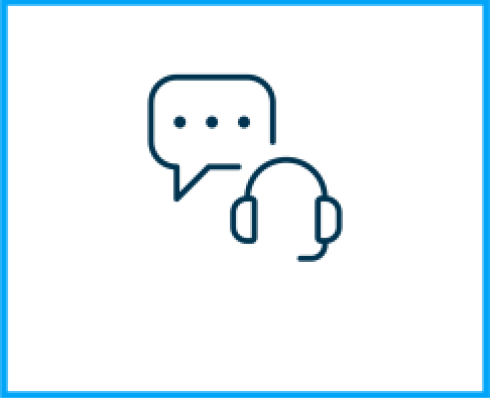 An icon made up of blue lines of a text bubble and a headset, featuring earphones and a mic.