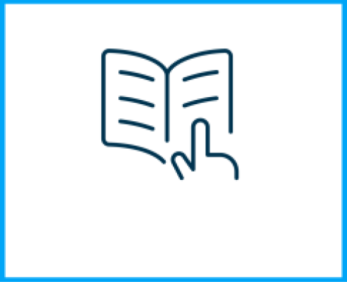 An icon made up of blue lines of a hand pointing at the pages of an open book.