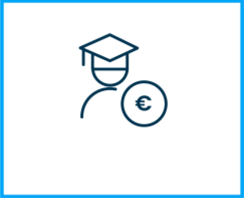 An icon made up of a person wearing a graduation cap and gown with a circle with the euro symbol in it beside them.