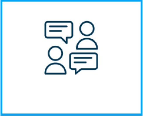 An icon made up of blue lines of two people opposite each other with speech bubbles coming out of them. 