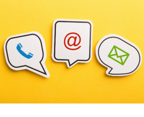 Speech bubles contaning 3 graphics: a phone handset, an @ symbol and a letter symbol