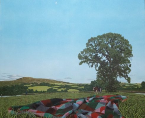 Artwork by xxx - Painting of blue sky, green gras, tree in the background and colourful blanket in the foreground