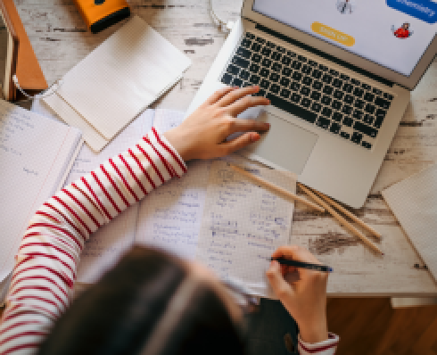 student styudying with a laptop at home