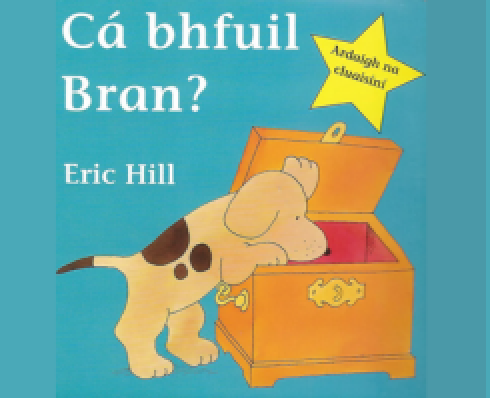 Graphic of a dog looking into a box with the text Cá bhfuil Bran Eric Hill written above it