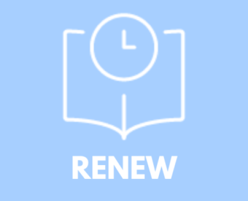 RENEW: Icon of a book with a clock face on it overlaid on blue background