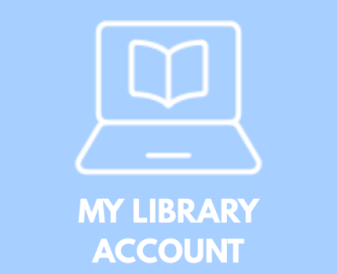 My Library Account icon of a computer with a book on the screen overlaid on ablue background