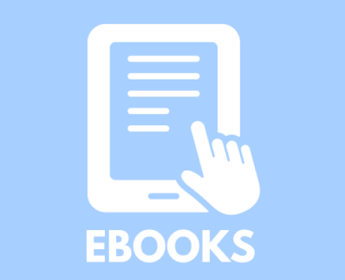 Icon of a book being read on a Kindle. Text reads Ebooks.