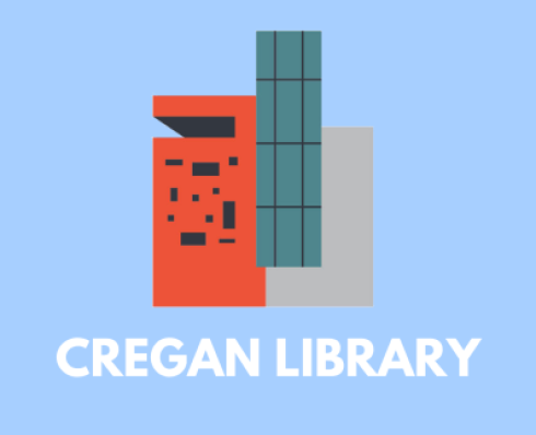 Icon image of Cregan library on a blue background, text reads Cregan Library