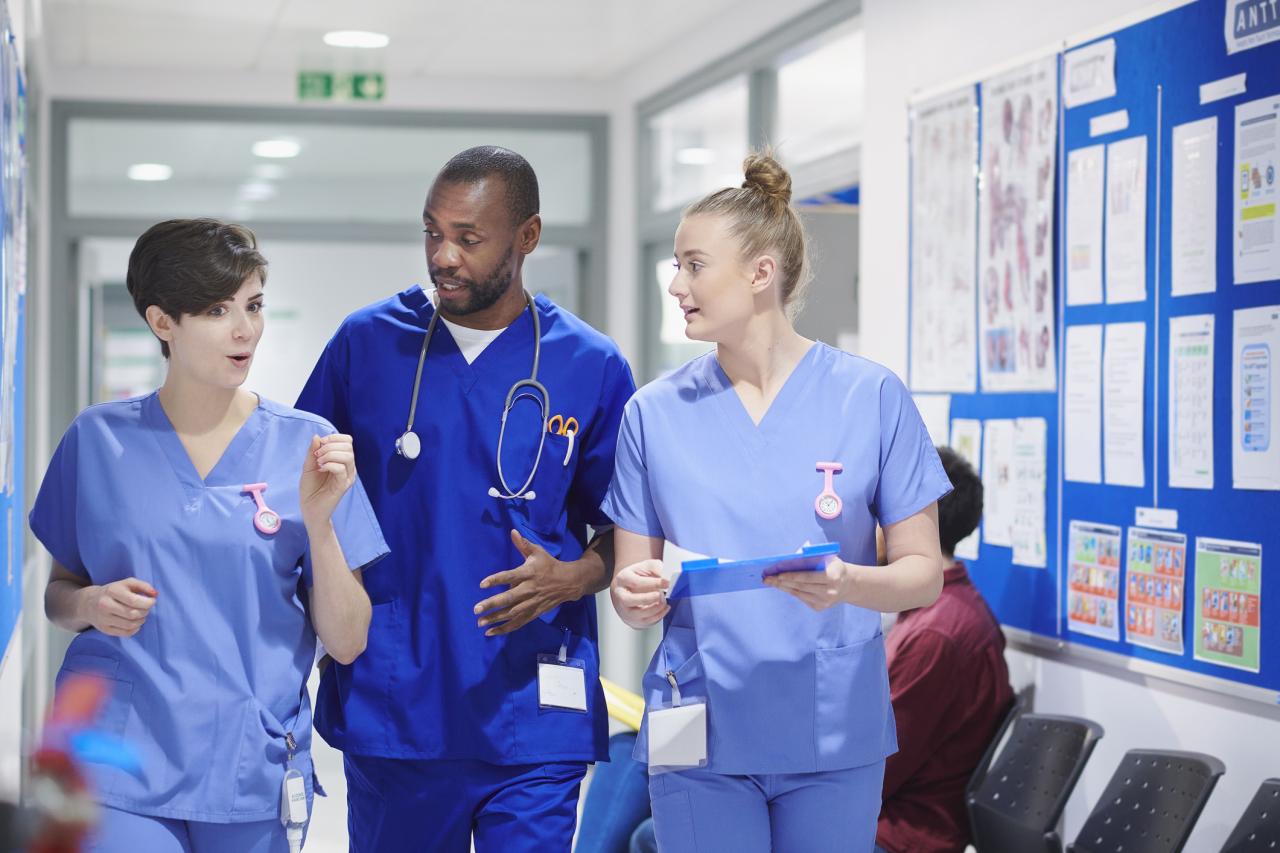 3 nurses walking down a hospital corridor