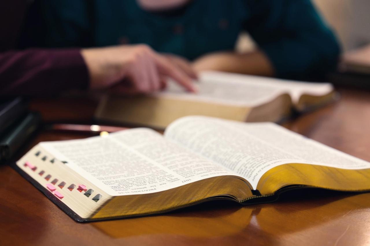 2 books open on a table with person in background reading 2nd book