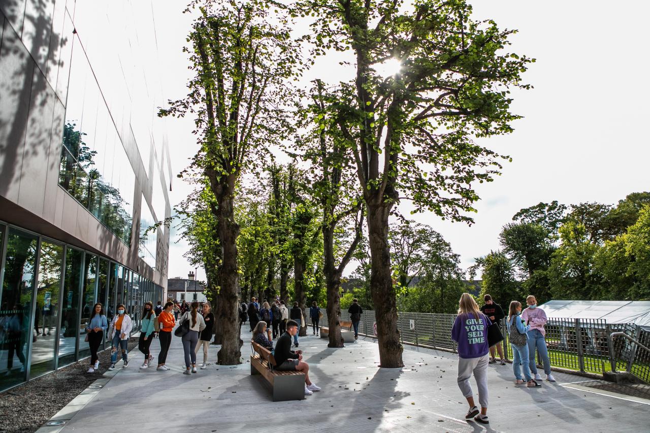 Shows students walking beside Cregan Library on St Pat's Campus in Drumcondra 