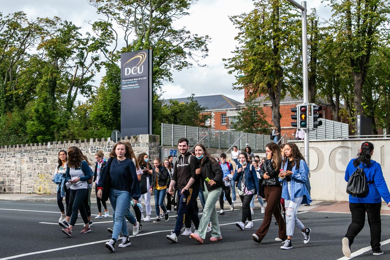 Shows students crossing road outside St Patrick's Campus in Drumcondra