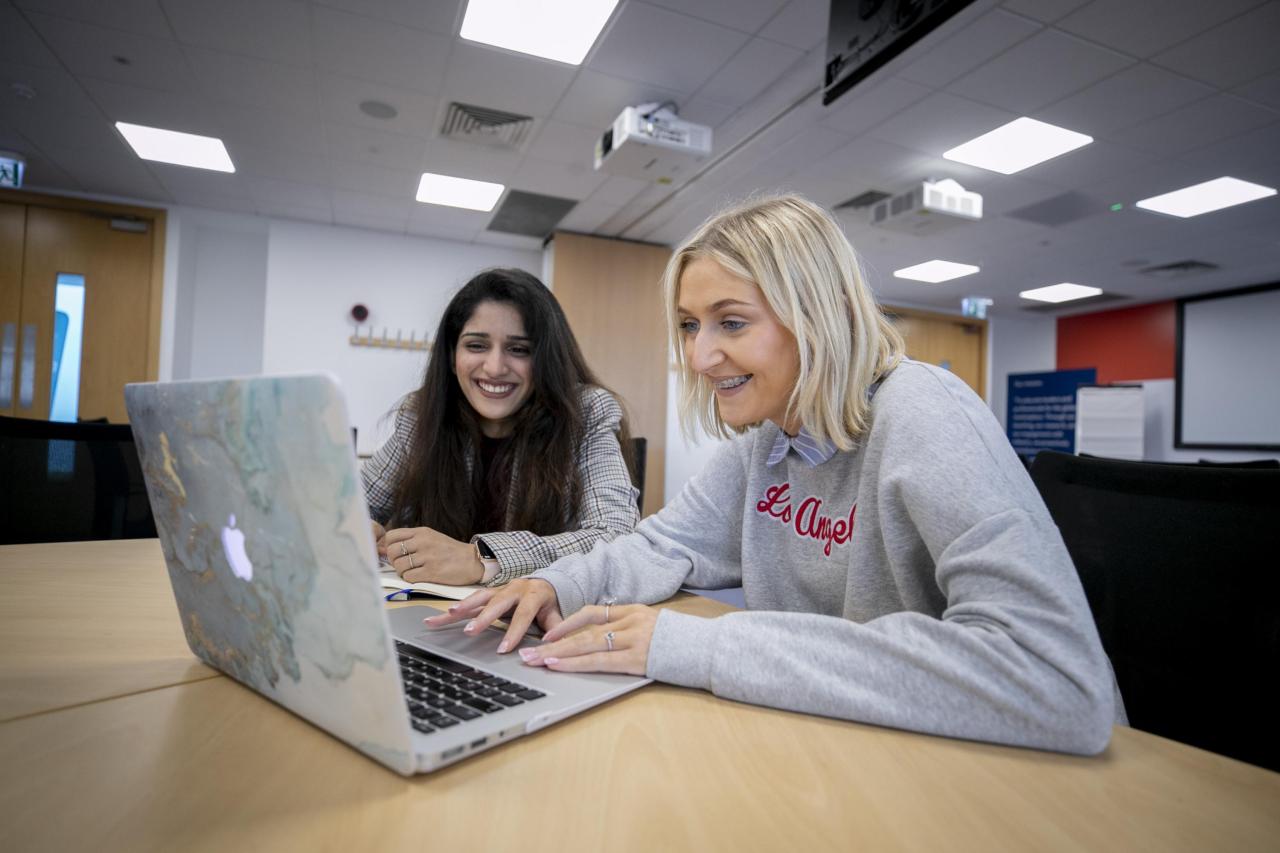 Shows two students working on laptop