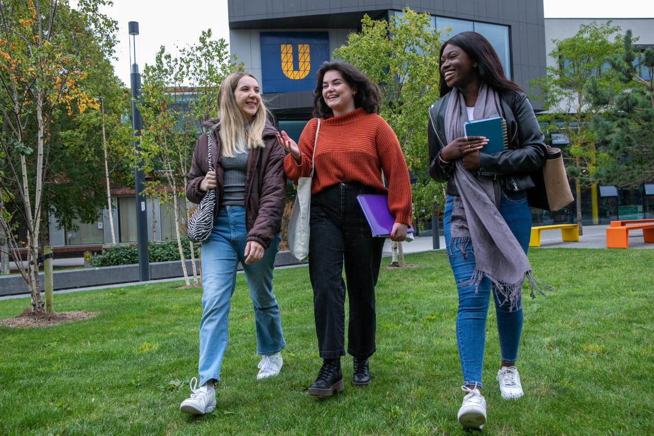 Shows students walking near the U