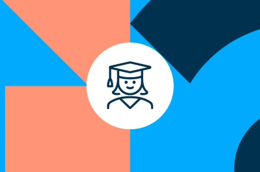 Shows faculty symbols with icon illustrating female graduate